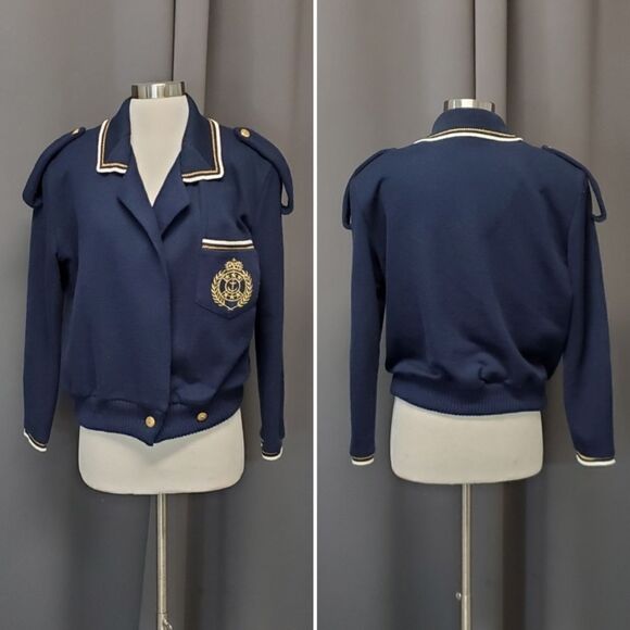 Vintage 80s Navy Blue Gold Crest Knit Nautical Collared Preppy Cardigan Sweater - Picture 2 of 7